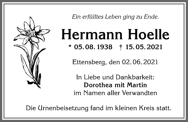  Traueranzeige für Hermann Hoelle vom 02.06.2021 aus Allgäuer Anzeigeblatt