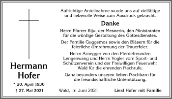 Traueranzeige von Hermann Hofer von Allgäuer Zeitung, Marktoberdorf