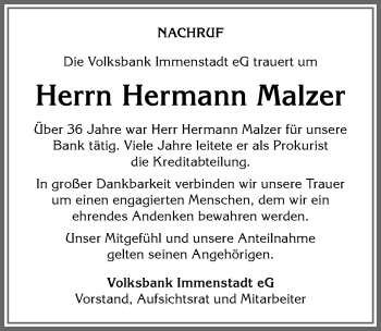 Traueranzeige von Hermann Malzer von Allgäuer Anzeigeblatt