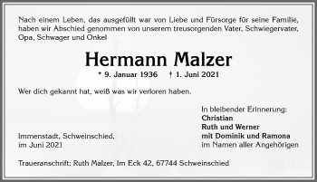 Traueranzeige von Hermann Malzer von Allgäuer Anzeigeblatt