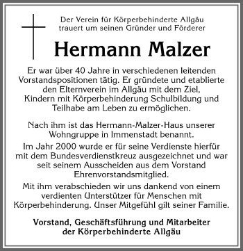 Traueranzeige von Hermann Malzer von Allgäuer Zeitung