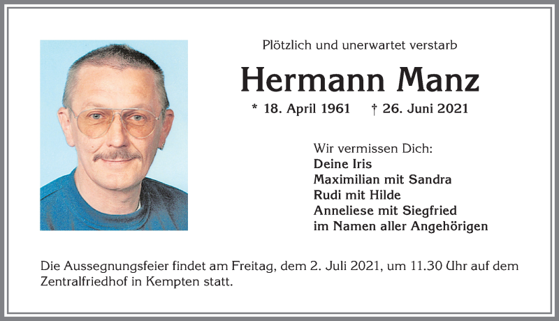  Traueranzeige für Hermann Manz vom 30.06.2021 aus Allgäuer Zeitung,Kempten