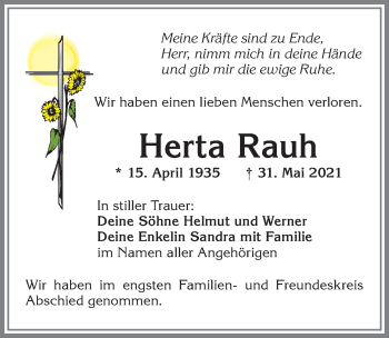 Traueranzeige von Herta Rauh von Allgäuer Zeitung,Kempten