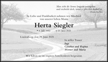 Traueranzeige von Herta Siegler von Der Westallgäuer