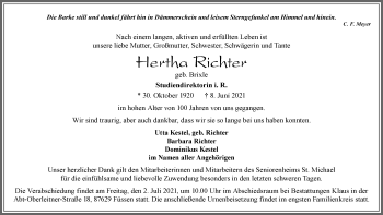 Traueranzeige von Hertha Richter von Allgäuer Zeitung, Füssen
