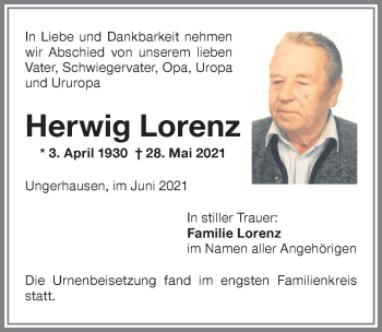 Traueranzeige von Herwig Lorenz von Memminger Zeitung