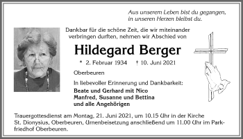 Traueranzeige von Hildegard Berger von Allgäuer Zeitung, Kaufbeuren/Buchloe