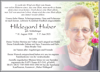 Traueranzeige von Hildegard Huber von Allgäuer Zeitung, Füssen