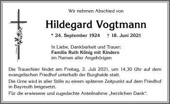 Traueranzeige von Hildegard Vogtmann von Allgäuer Zeitung,Kempten
