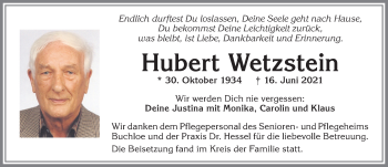 Traueranzeige von Hubert Wetzstein von Allgäuer Zeitung, Kaufbeuren/Buchloe