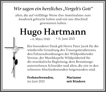 Traueranzeige von Hugo Hartmann von Allgäuer Zeitung,Kempten