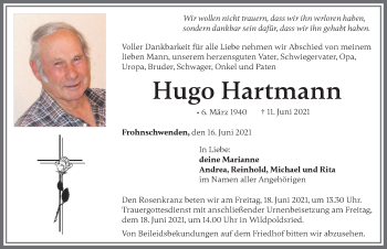 Traueranzeige von Hugo Hartmann von Allgäuer Zeitung,Kempten