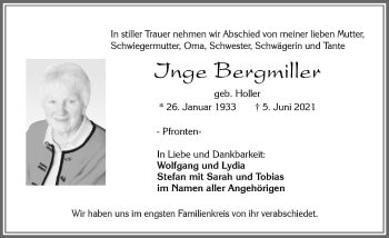 Traueranzeige von Inge Bergmiller von Allgäuer Zeitung, Füssen