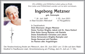 Traueranzeige von Ingeborg Metzner von Allgäuer Zeitung, Kaufbeuren/Buchloe