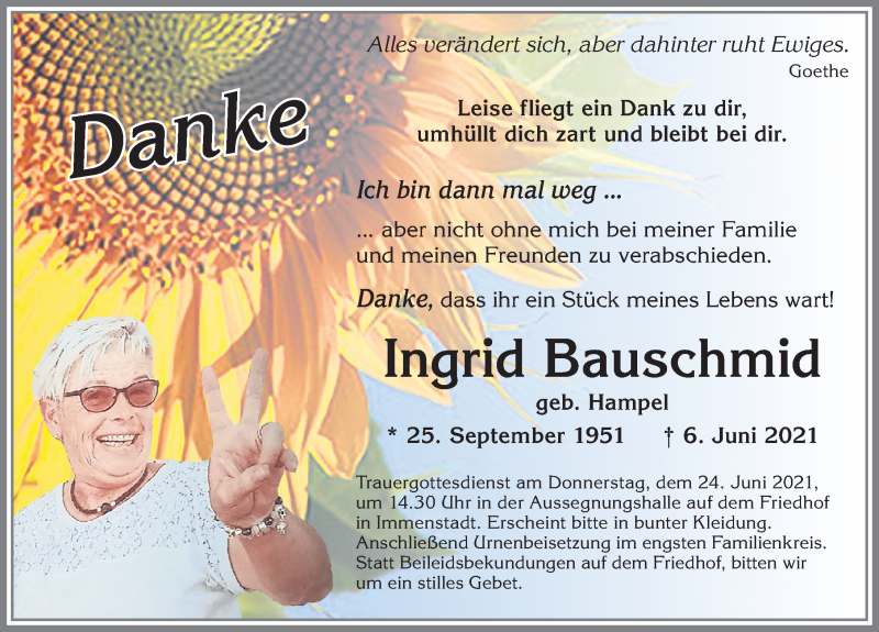  Traueranzeige für Ingrid Bauschmid vom 19.06.2021 aus Allgäuer Anzeigeblatt