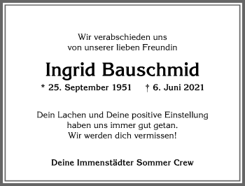 Traueranzeige von Ingrid Bauschmid von Allgäuer Anzeigeblatt