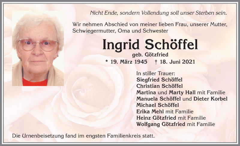  Traueranzeige für Ingrid Schöffel vom 29.06.2021 aus Allgäuer Zeitung, Kaufbeuren/Buchloe