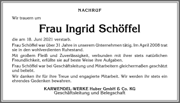 Traueranzeige von Ingrid Schöffel von Allgäuer Zeitung, Kaufbeuren/Buchloe