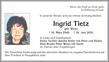 Traueranzeige von Ingrid Tietz von Allgäuer Zeitung, Kaufbeuren/Buchloe