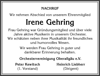 Traueranzeige von Irene Gehring von Allgäuer Anzeigeblatt