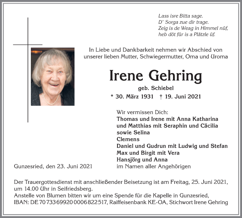  Traueranzeige für Irene Gehring vom 23.06.2021 aus Allgäuer Anzeigeblatt