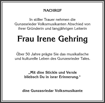 Traueranzeige von Irene Gehring von Allgäuer Anzeigeblatt