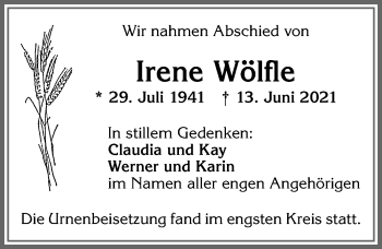 Traueranzeige von Irene Wölfle von Allgäuer Zeitung,Kempten