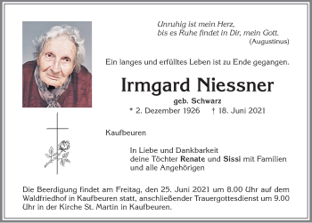 Traueranzeige von Irmgard Niessner von Allgäuer Zeitung, Kaufbeuren/Buchloe