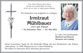 Traueranzeige von Irmtraut Mühlbauer von Allgäuer Anzeigeblatt