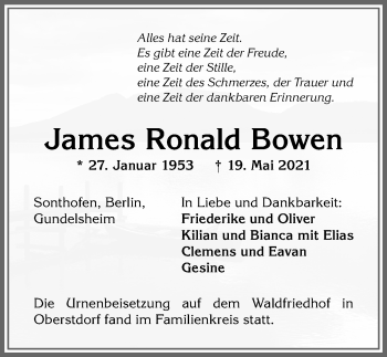 Traueranzeige von James Ronald Bowen von Allgäuer Anzeigeblatt