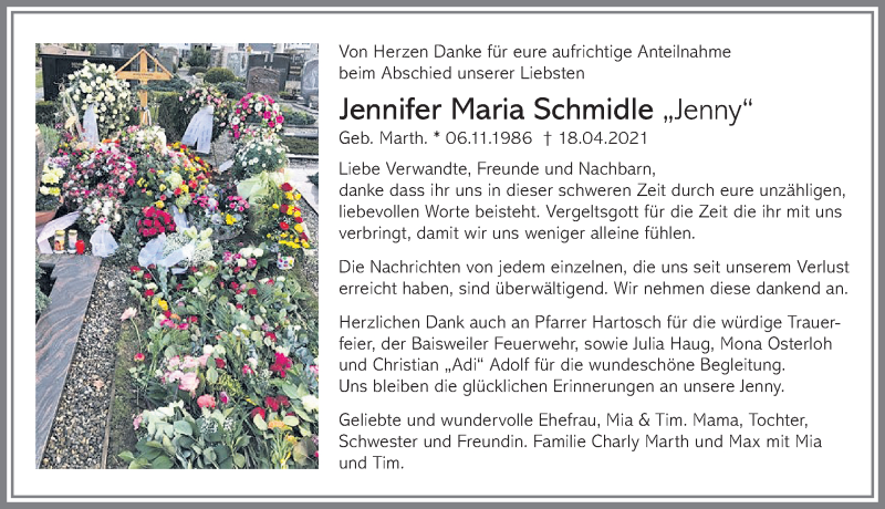  Traueranzeige für Jennifer Maria Schmidle vom 26.06.2021 aus Allgäuer Zeitung, Kaufbeuren/Buchloe