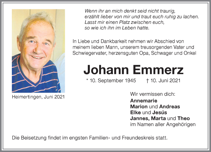  Traueranzeige für Johann Emmerz vom 12.06.2021 aus Memminger Zeitung