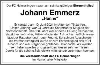 Traueranzeige von Johann Emmerz von Memminger Zeitung