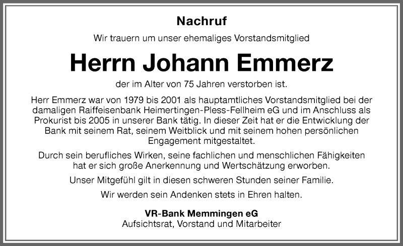  Traueranzeige für Johann Emmerz vom 12.06.2021 aus Memminger Zeitung