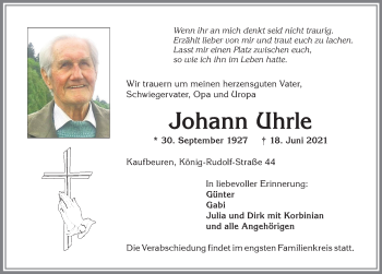 Traueranzeige von Johann Uhrle von Allgäuer Zeitung, Kaufbeuren/Buchloe