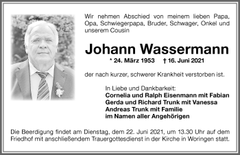 Traueranzeige von Johann Wassermann von Memminger Zeitung