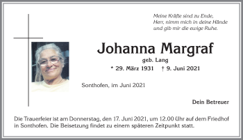 Traueranzeige von Johanna Margraf von Allgäuer Anzeigeblatt