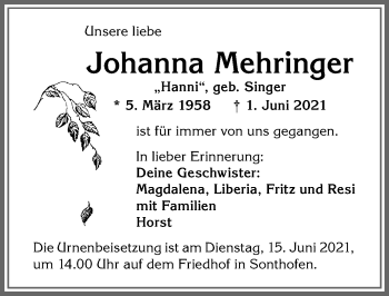 Traueranzeige von Johanna Mehringer von Allgäuer Anzeigeblatt