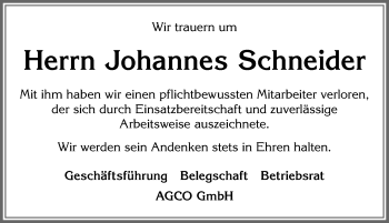Traueranzeige von Johannes Schneider von Allgäuer Zeitung, Marktoberdorf