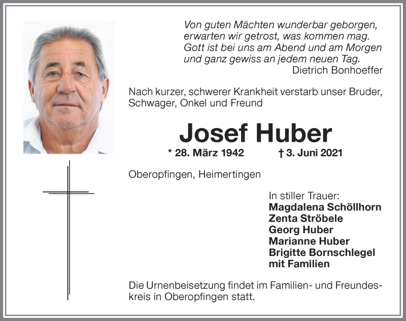  Traueranzeige für Josef Huber vom 05.06.2021 aus Memminger Zeitung