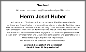 Traueranzeige von Josef Huber von Memminger Zeitung