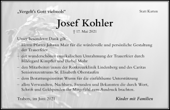 Traueranzeige von Josef Kohler von Der Westallgäuer