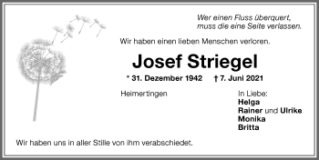 Traueranzeige von Josef Striegel von Memminger Zeitung