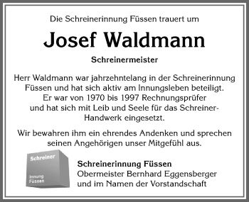 Traueranzeige von Josef Waldmann von Allgäuer Zeitung, Füssen