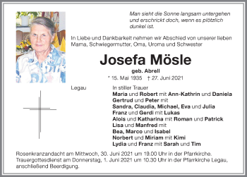 Traueranzeige von Josefa Mösle von Memminger Zeitung