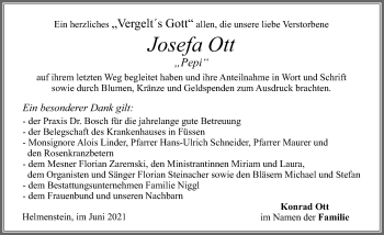 Traueranzeige von Josefa Ott von Allgäuer Zeitung, Füssen