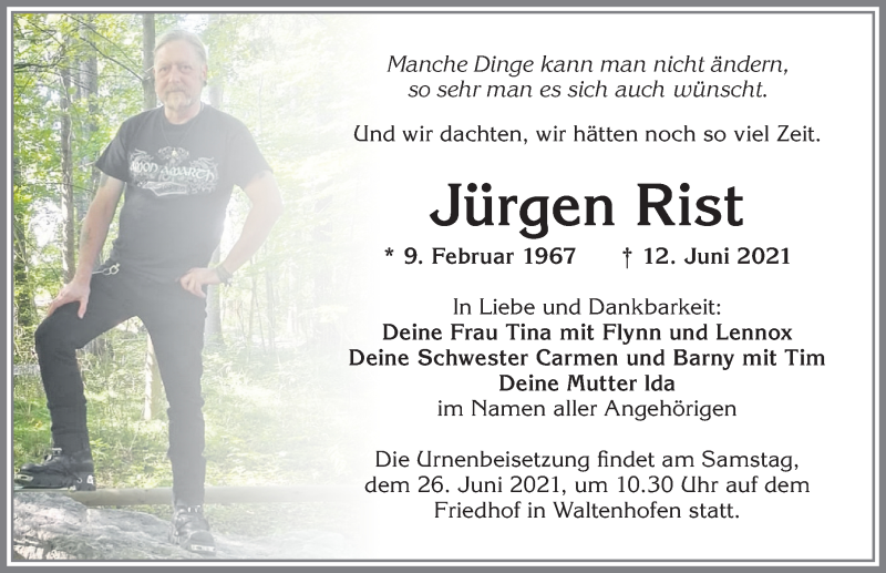  Traueranzeige für Jürgen Rist vom 19.06.2021 aus Allgäuer Zeitung,Kempten