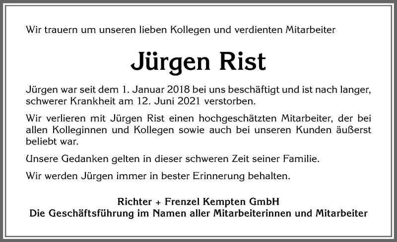  Traueranzeige für Jürgen Rist vom 19.06.2021 aus Allgäuer Zeitung,Kempten