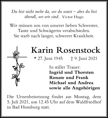 Traueranzeige von Karin Rosenstock von Der Westallgäuer