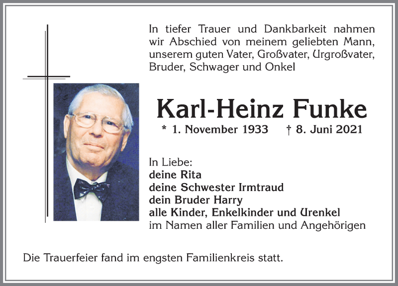  Traueranzeige für Karl-Heinz Funke vom 26.06.2021 aus Allgäuer Zeitung,Kempten